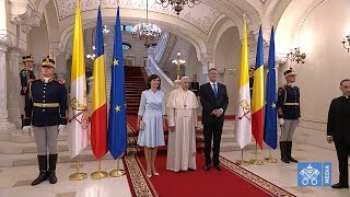 Courtesy Visit of Pope Francis to Klaus Iohannis President of Romania 31 May 2019 HD [upl. by Atiuqcir]