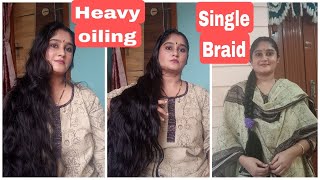 Heavy Hair Oiling  Single long braid  Coconut Olive and Castor Oil  Long Hair Oiling  ShailajaR [upl. by Dnaltiac]