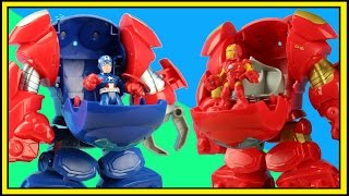 Playskool Heroes Space Command Armor Captain America and Spiderman battle Thanos and Ironman robot [upl. by Zebe607]