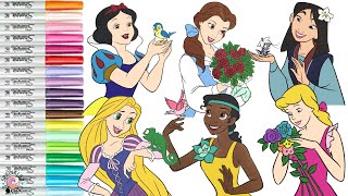 Disney Princess Coloring Book Compilation Tiana Cinderella Belle Rapunzel Mulan Ariel Snow White [upl. by Nipha34]