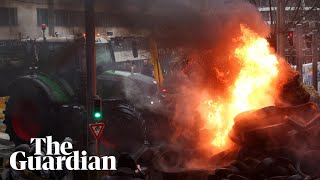 Farmers set fire to tyres in Brussels as EU officials meet to address concerns [upl. by Galatia]