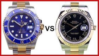 ▶ ROLEX Two Tone quotSubmariner Blue Ceramicquot vs quotDatejust II Black Roman fluted Goldquot COMPARISON [upl. by Bertie]