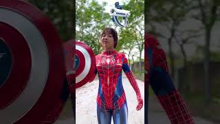 Spidergirl Destroys Demon Mask With Nerf Gun Thors Hammer Captains Shield shorts spiderman [upl. by Etakyram538]