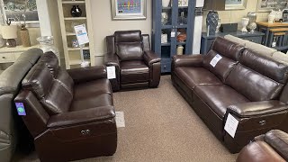 Highgrove 3 Seater 2 Seater amp Chair Electric Reclining Video  stocked In Chocolate Leather [upl. by Charline]