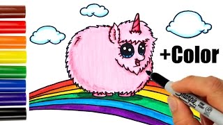 How to Draw  Color Pink Fluffy Unicorn Dancing on Rainbow step by step [upl. by Dre]