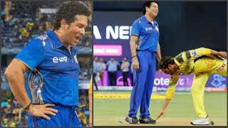 Sachin tendulkar shocking reaction when ms dhoni touch his feat during CSK vs Mi match [upl. by Huckaby]