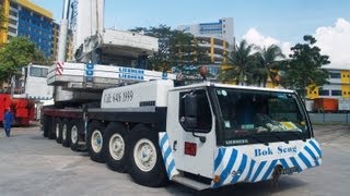 Big Liebherr crane LTM 150081 moving fully equipped at the yard Bok Seng Logistics Singapore [upl. by Nahgam]