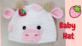 🍓Crochet baby hat  Baby cow hat size 12 years Step by step tutorial [upl. by Llezo]