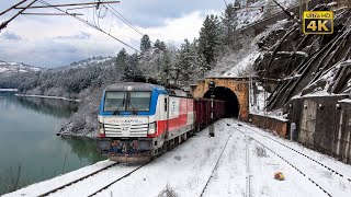 4K CABVIEW Prijepolje  Požega Winter snowy freight train rideSnow covered mountains scenic view [upl. by Catto]