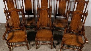 Set 8 English Elizabethan Tudor Oak Dining Chairs [upl. by Oneida]