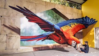 Street Artist Paints a JawDropping 3D Wall Mural of a Parrot  WooGlobe [upl. by Morrison595]