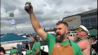 Jason Kelce Tailgating with Eagles fans before MNF throwing Beers  doing Eagles chants [upl. by Rika]