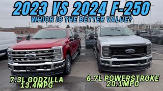 2024 vs 2023 Ford F250 67l powerstroke vs 73l Godzilla XLT vs Lariat review and MPG comparison [upl. by Roselin416]