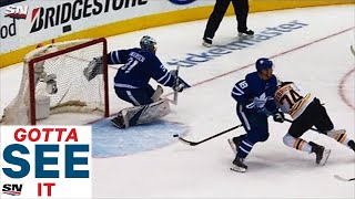 GOTTA SEE IT Jake DeBrusk Makes Diving Redirect To Score First Goal Of Playoffs [upl. by Lehcer]