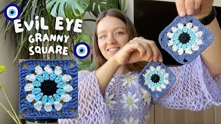 🧿 EVIL EYE GRANNY SQUARE  beginner friendly crochet pattern [upl. by Jinny]