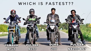 Pulsar NS200 BS7 Vs Duke 200 Bs6 Vs Pulsar N250 Vs Yamaha MT15 Bs6  Quad battle [upl. by Gosnell]