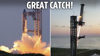 Watch SpaceX rocket booster being caught by giant chopsticks on launch pad after test flight [upl. by Clari]