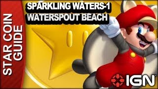 New Super Mario Bros U 3 Star Coin Walkthrough  Sparkling Waters1 Waterspout Beach [upl. by Pitchford]