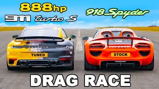 Porsche 918 Spyder v Tuned 911 Turbo S DRAG RACE [upl. by Anyala]