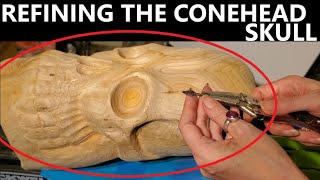 REFINING THE CONEHEAD SKULL and talking about Kutzall bits tools carving woodworking art [upl. by Eibbed]