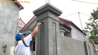 Professional Workers Construct And Decorate Gate Pillars Using Bricks And Sturdy Reinforced Concrete [upl. by Anaeerb637]