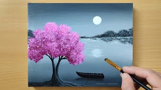 Black amp White Landscape Painting for Beginners  Cherry Blossom  Acrylic Painting Technique [upl. by Bernetta514]