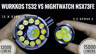 Wurkkos TS32 Floodlight 12000 lumens VS Nightwatch NSX73FE SFN552 15000 lumens Top View Beam Shot [upl. by Nalrah]