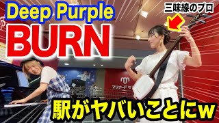 出会って0秒で藝大出身の三味線の美少女プロと『BURN  Deep Purple』セッションしたら現場がヤバいことに【ストリートピアノ】【駒田早代さんコラボ】 [upl. by Giannini]