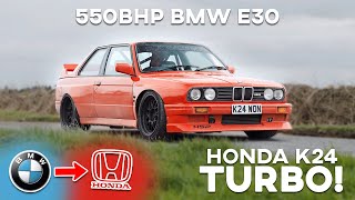 The CRAZIEST BMW E30 EVER Honda K24 Engine Swap w MASSIVE Turbo [upl. by Emolas]