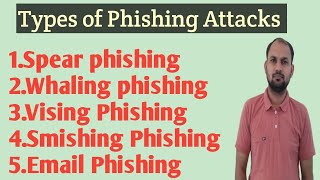 Types of Phishing Attacks spear Whaling Vising SmishingEmail Explain in hindi [upl. by Milde852]