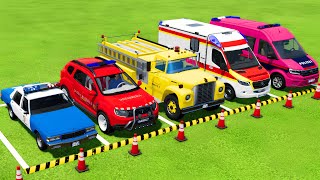 POLICE CARS FIRE BRIGADE AMBULANCE EMERGENCY VEHICLES TRANSPORTING WITH MAN TRUCKS  FS22 [upl. by Ellenet]