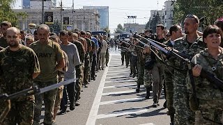 Video Captured Ukrainian soldiers march through streets of Donetsk [upl. by Aihsekat]