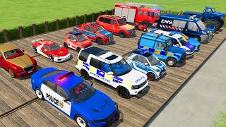 TRANSPORTING CARS AMBULANCE POLICE CARS FIRE TRUCK MONSTER TRUCK OF COLORS WITH TRUCKS  FS 22 [upl. by Zuckerman]