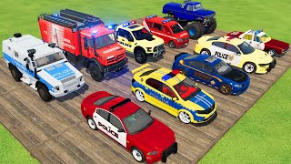 TRANSPORTING CARS AMBULANCE POLICE CARS FIRE TRUCK MONSTER TRUCK OF COLORS WITH TRUCKS  FS 22 [upl. by Marquez]