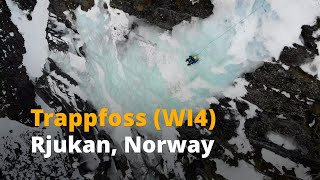 Trappfoss WI4 multipitch ice climbing in Rjukan DroneGoPro footage [upl. by Gunar699]