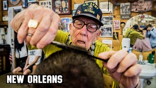 💈 93 Year Old World War Two Veteran quotBudquot at Family Barber Shop  New Orleans [upl. by Neliak]