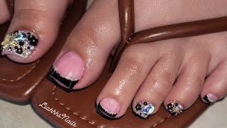 Acrylic Toe Design  Bling Acrylic Toes French Tip Toe Nails Black Toe Nails Design [upl. by Lesirg587]