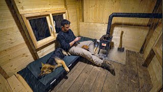 Winter Camping Under the Rain with My Dog in a Wooden Cabin [upl. by Nomrej]