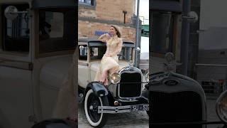 Barefoot girl and 1928 Ford Retro photo shoot shorts barefoot girl ford oldtimer backstage [upl. by Eetnwahs]