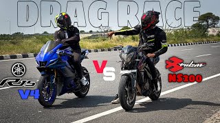 Yamaha R15 V4 Vs Bajaj Pulsar Ns200 Drag Race  Top End Race Pulsar Ns200 Vs R15 V4 [upl. by Allerim]