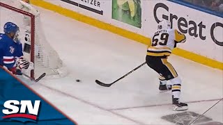 Jake Guentzel Banks Puck Off Igor Shesterkin To Score From Below goal line [upl. by Celene]