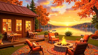 Gentle Autumn Jazz for Work 🍁 Lakeside Café Shop with Fireplace Sounds in the Tranquil Autumn Forest [upl. by Eireva581]