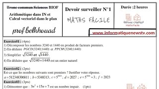 Devoir N 1 1er Semestre Tronc commun Biof Maths TCSF Mathématiques Ensemble ℕ notions arithmétique [upl. by Dikmen]