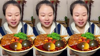 Chinese Delicious Food Eating Big Bowl Spicy Noodles Soups And Egg Fried Chicken With Chili Pepper [upl. by Aerised671]