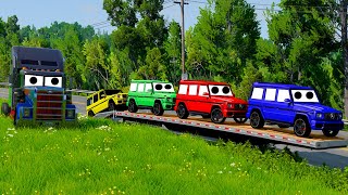 Double Flatbed Trailer Truck vs Speedbumps Train vs Cars  Tractor vs Train BeamngDrive [upl. by Dulcinea]