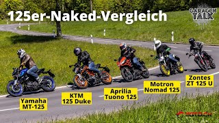 125erVergleich  Aprilia Tuono 125 KTM 125 Duke Motron Nomad 125 Yamaha MT125 Zontes ZT 125 U [upl. by Aleyam851]