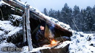 THE FIRST SNOW Building a Survival Shelter in Winter No Tent Camping [upl. by Lehcnom]