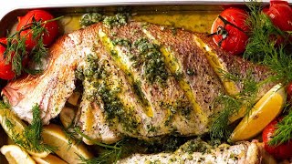 Whole Baked Fish  Herb Stuffed with Garlic Butter Dill Sauce [upl. by Hollington]