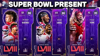 SUPER BOWL PRESENT PROMO REVEALED MAHOMES MCCAFFREY DEEBO AN MORE  MADDEN 24 ULTIMATE TEAM [upl. by Lemhaj]