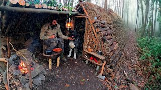 6 DAYS Winter Bushcraft Building a Survival Shelter in Heavy Rain [upl. by Eetnom116]